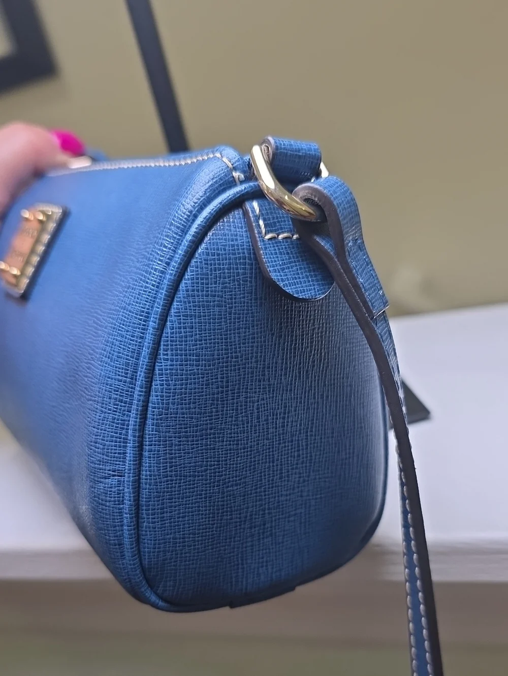Dooney & Bourke Denim Blue Leather Barrel Minibag Crossbody EUC